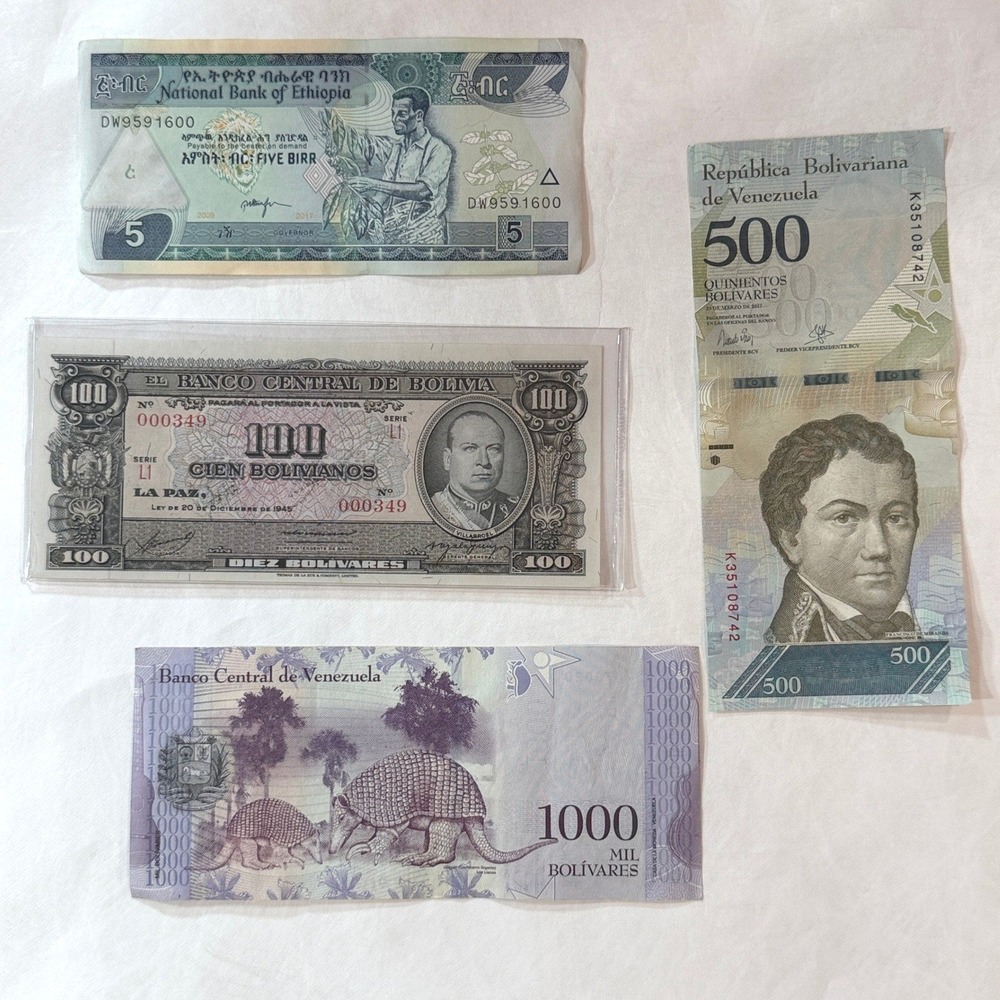 Vintage Foreign Banknotes Lot of 4 Bolivia‎ Venezuela Ethiopia Paper Money
